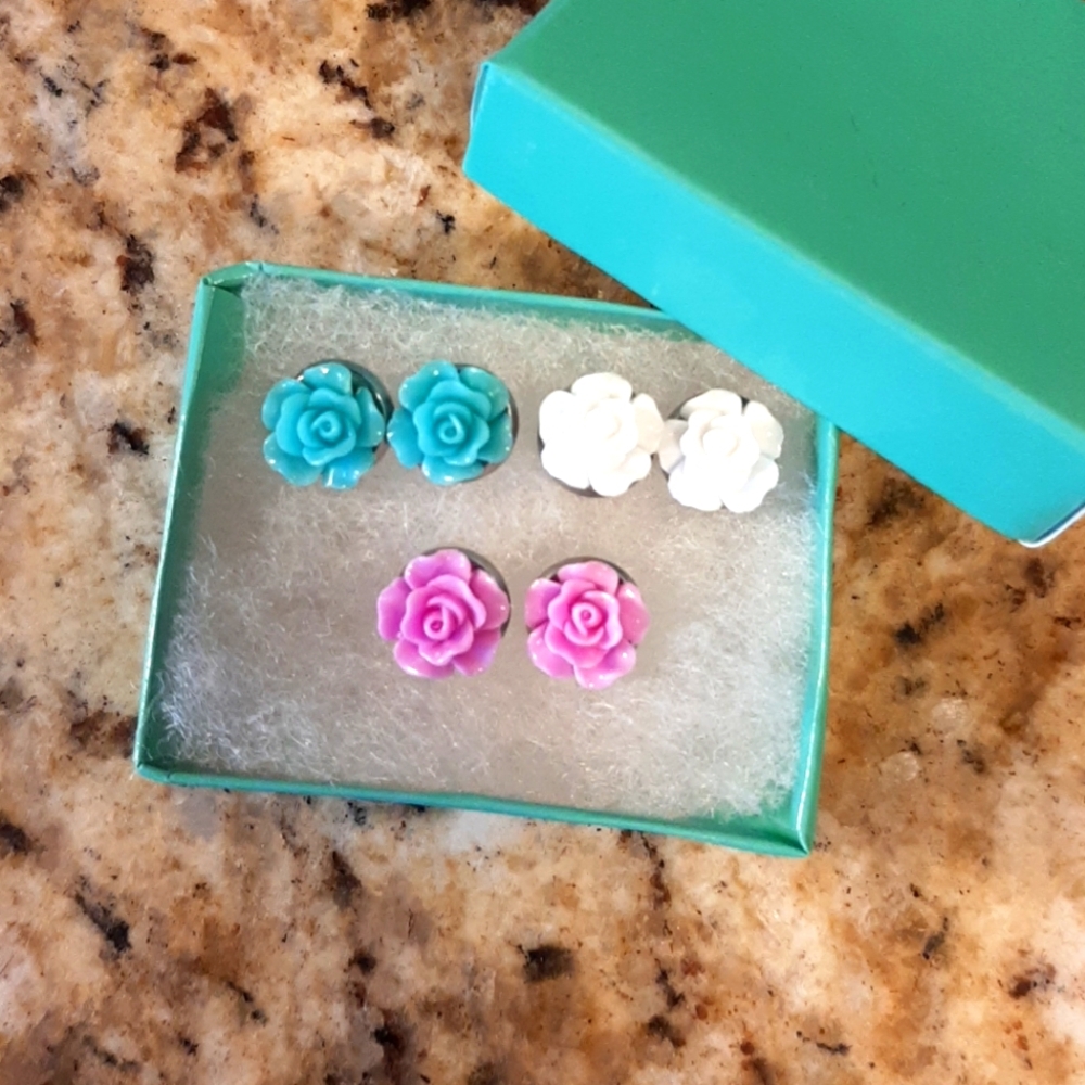 2 For $20.00-  Floral Stud Earrings Set in Turquoise, White, and Pink